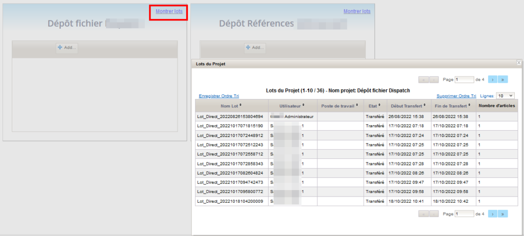 Détails lots téléversement fichiers Damaris RM